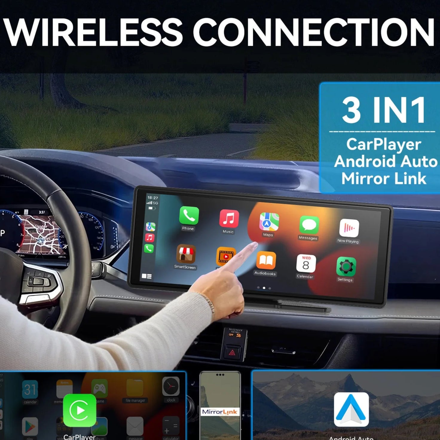 Universal Portable Carplay for Car Screen, Wireless Carplay Screen Wireless Car Stereo with Carplay Android Auto, Car Touchscree